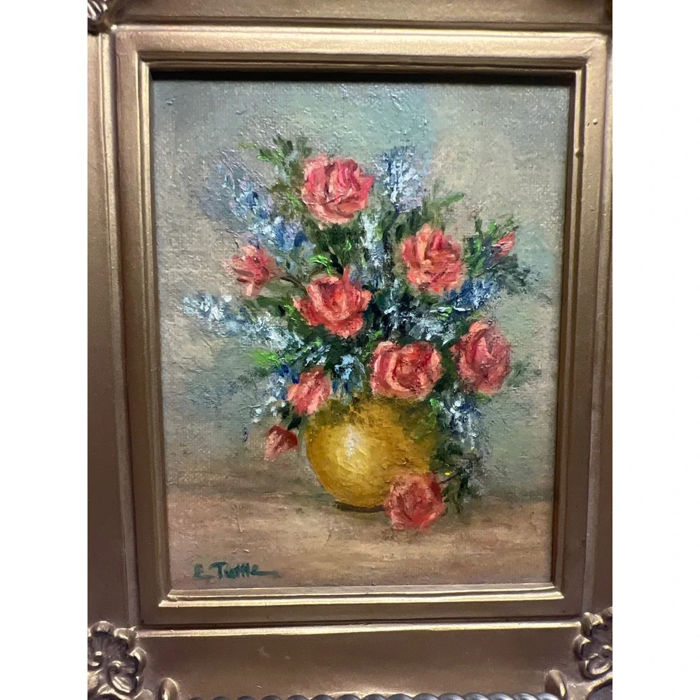 Vintage MCM Still Life Floral Painting Gold Ornate Mini Frame Regency 1964 USA